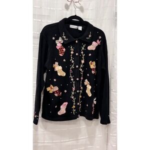 B.P. Design Vintage Christmas Stocking Embroidered Cardigan Sweater Black‎ XL